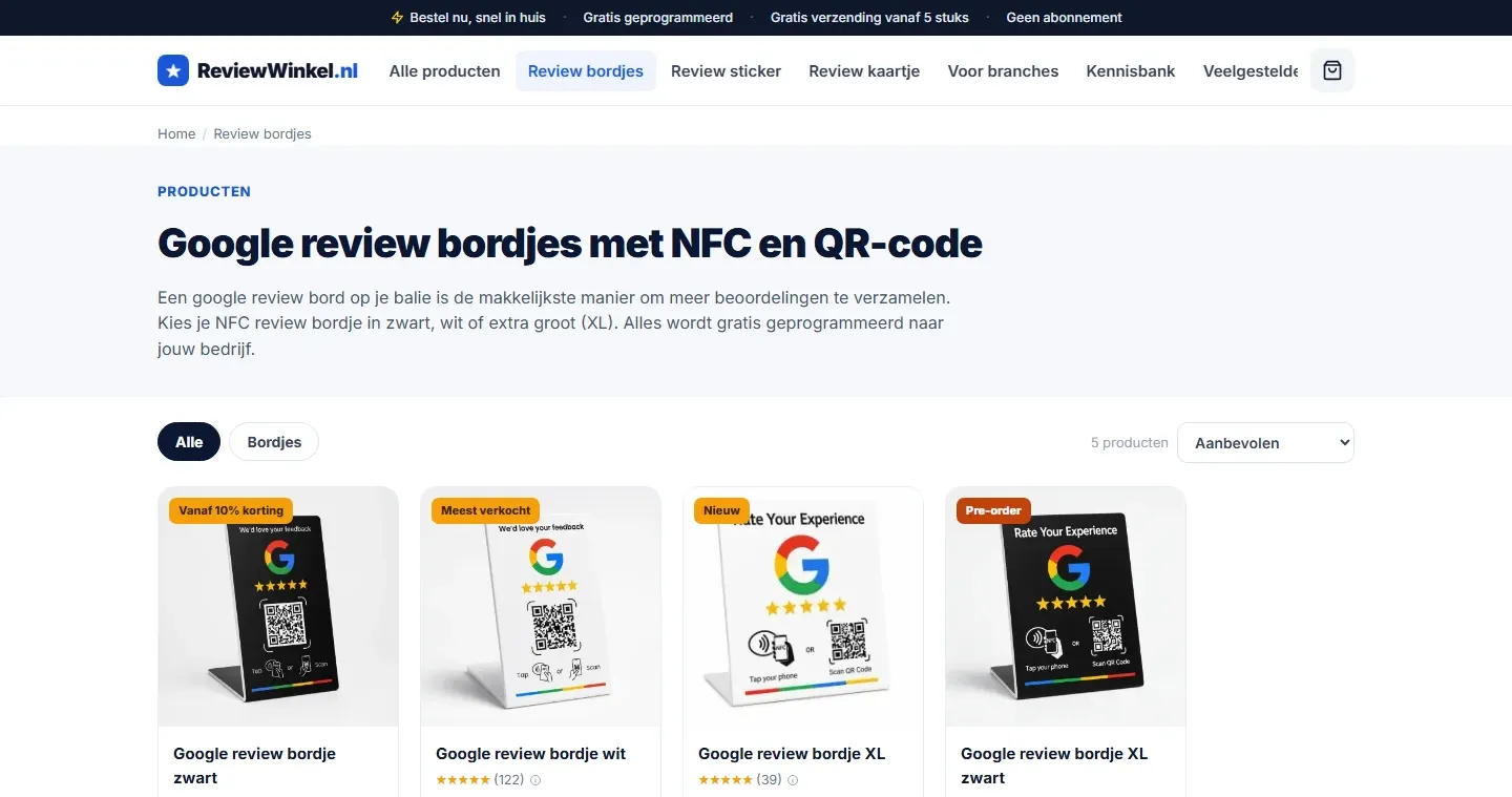 Categoriepagina van ReviewWinkel.nl met productvarianten, prijzen en snel toevoegen