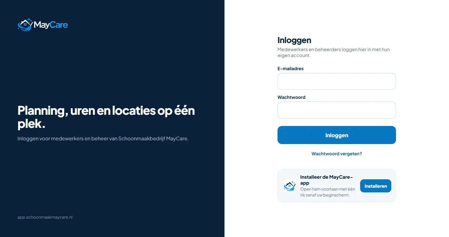 Inlogscherm van de MayCare Planner met de melding om de app te installeren