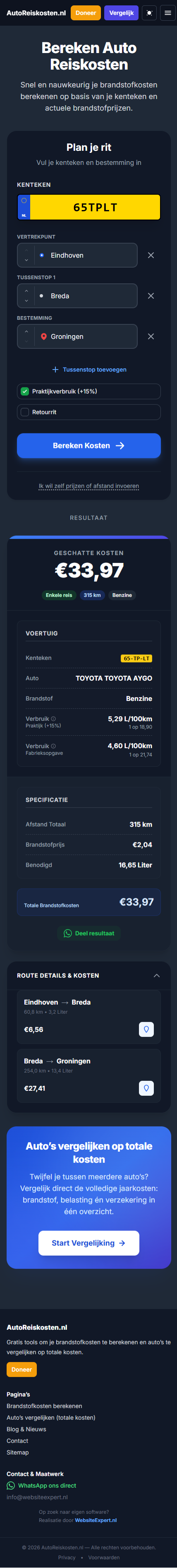 Autoreiskosten.nl — mobiele weergave
