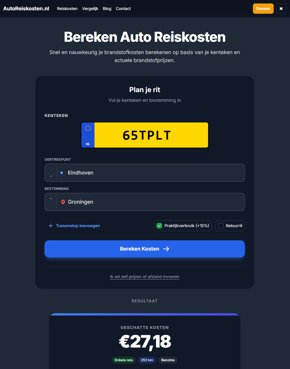 Autoreiskosten.nl — Maatwerk Next.js tool (kenteken + kosten)